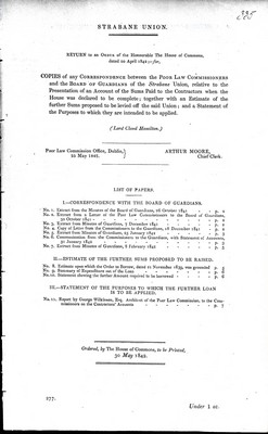 Lord Claud Hamilton - Strabane Unioncopies of any correspondence between the poor law Commissioners and the Board of Gaurdiansof the Strabane Union -  - KEX0308980