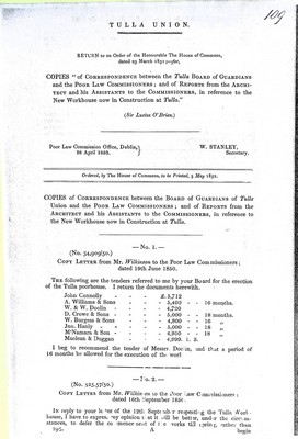 Sir Lucius O Brien - Tulla Union ( County Clare ) Correspondence between the Tulla Board of Gaurdians and the Pooor law Commissionersin Reference to a new wrkhouse now under consrtuction at Tulla -  - KEX0308988