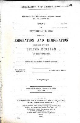 H. Llewellyn Smith - Emigration and Immigration. Stastical tables relating to Emigration and Immigration from and into the United Kingdom in the year 1905 -  - KEX0309092