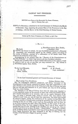 Mr. William O Brien - Galway Bay Fisheries : Memorial submitted to the LordLieutenant of Ireland inthe Month of December 1839 respecting the present State of the Fisheries in the bay of Galway -  - KEX0309121
