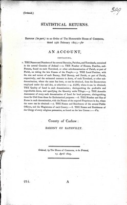 W. Shaw Mason - Barony of Rathvilly County of carlow : An Account containing The Names and Numbers of the Several baronies Parishes and Townlands conties of Ireland  The Numbers of Houses Families and Persond found in each Townland -  - KEX0309151