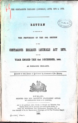  - The Provisions of the 59th section of the Contagious Diseases ( Animals ) Act 1878 for the Year ended 31st December 1893 as Regards Ireland -  - KEX0309170