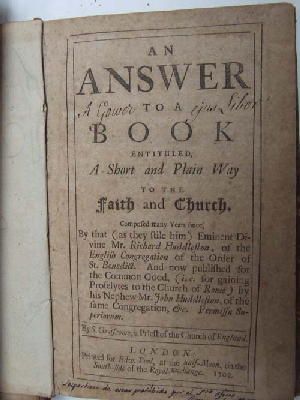 Samuel Grascombe - An Answer to a Book Entitled, A Short and Plain Way to the Faith and Church. Composed Many Years Since, By That (as they site him) Eminent Divine Mr. Richard Huddleston, of the Eng -  - KHS0009157