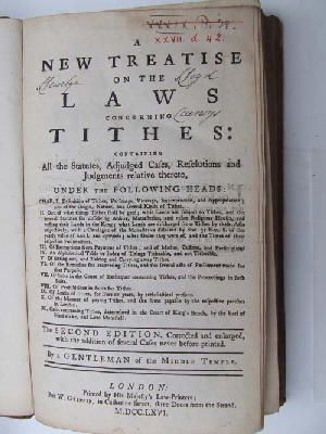 [Anon] - A New Treatise on a Law Concerning Tithes, Containing all the Statutes, Adjudged Cases, Resolutions and Judgments Relative Thereto . . . -  - KHS0025132