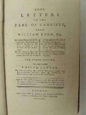 William Eden - Four letters to the Earl of Carlisle, from William Eden, esq. On certain perversions of political reasoning; and on the nature, progress, and effect of party spirit and of parties. -  - KHS0027781