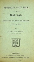Rennell (Balliol College) Rodd - Raleigh ~ Recited In The Theatre, June 9, 1880 (Newdigate Prize Poem) -  - KON0770211